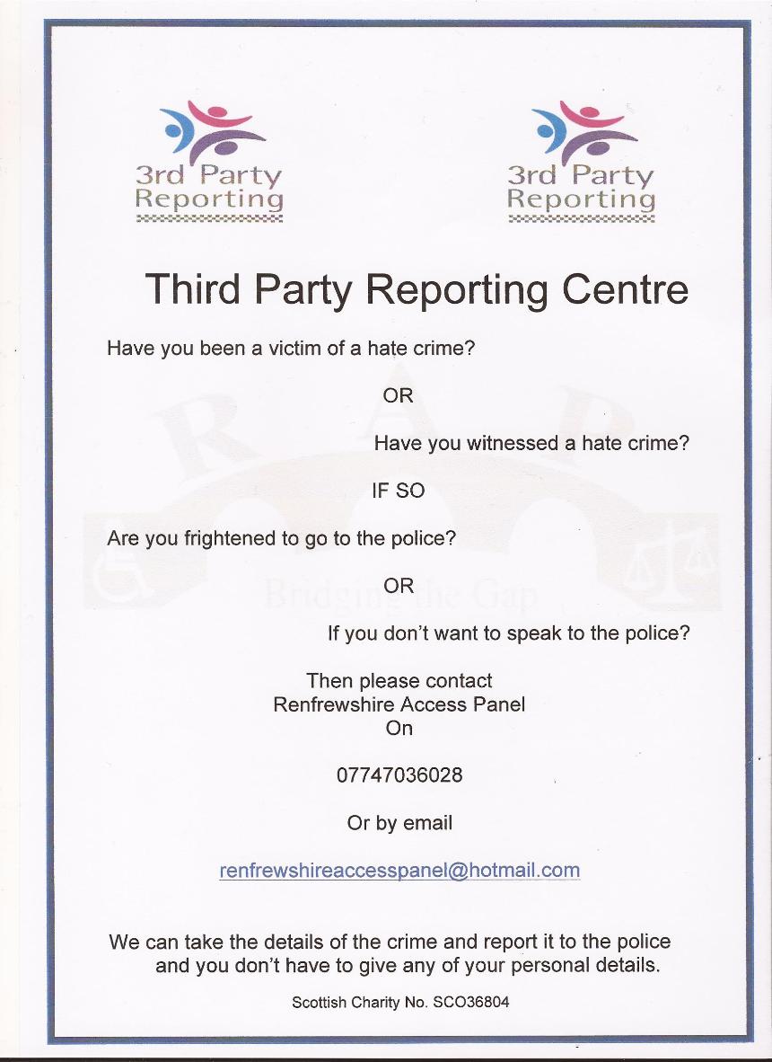 Renfrewshire Access Panel Third Party Reporting Centre Poster